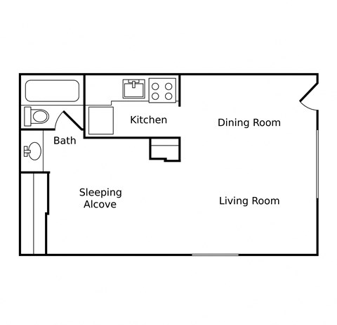 a floor plan of a studio apartment with a bedroom and a living room